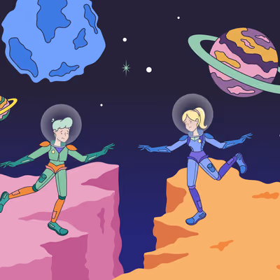 Illustration of two astronauts trying to bridge a gap