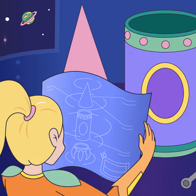 An illustration of an astronaut looking at a blueprint