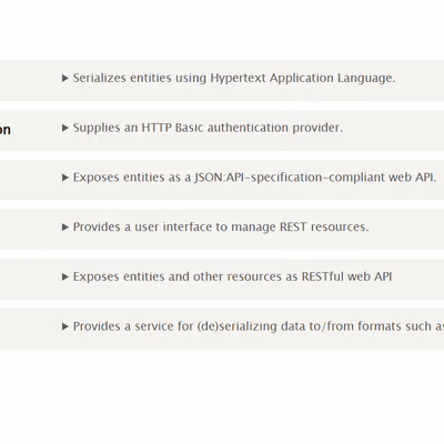 Screenshot of Drupal Modules settings with JSON:API and Serialization enabled.